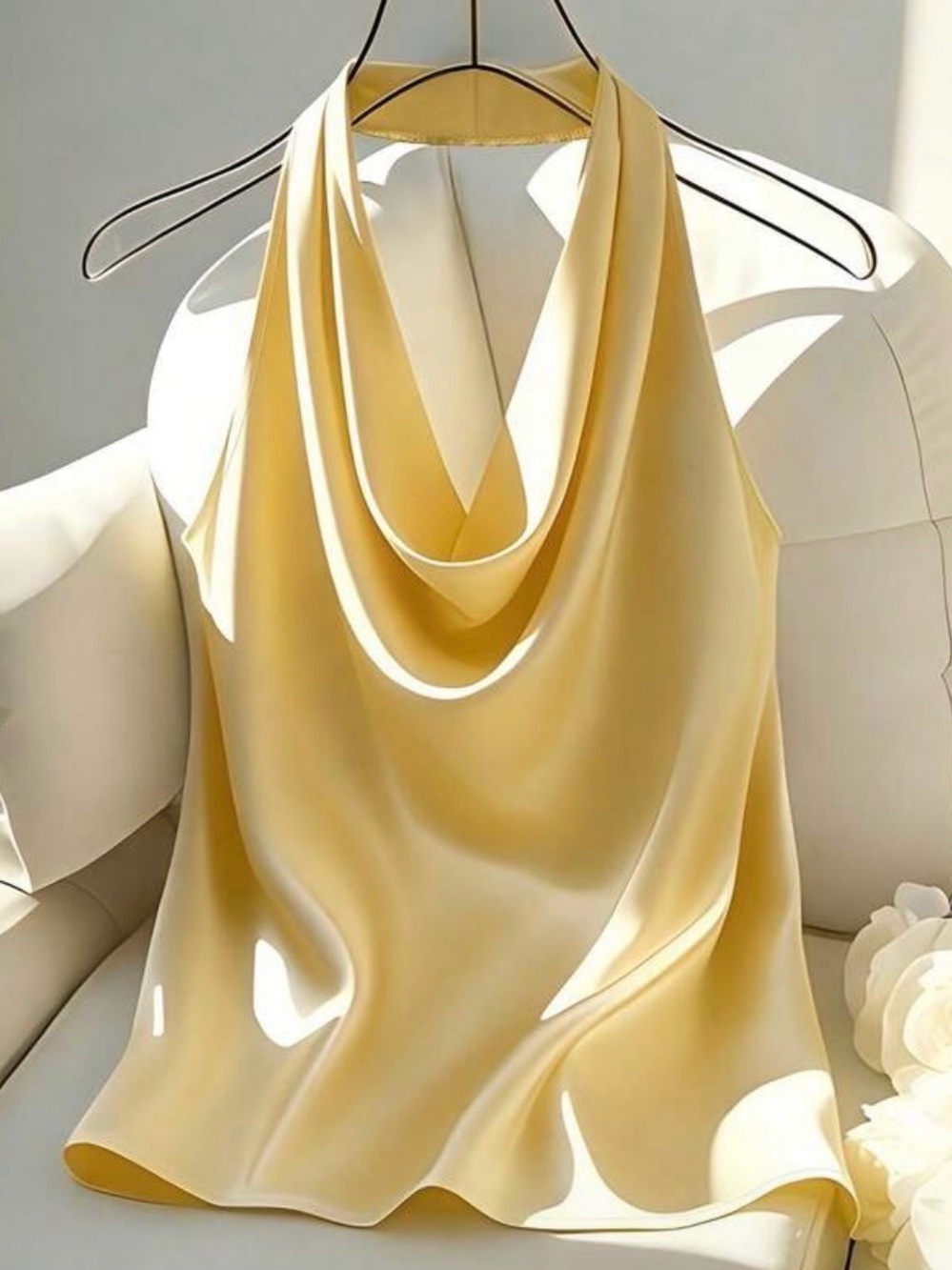 SHEIN Pale Yellow Satin Cowl Halter Camisole